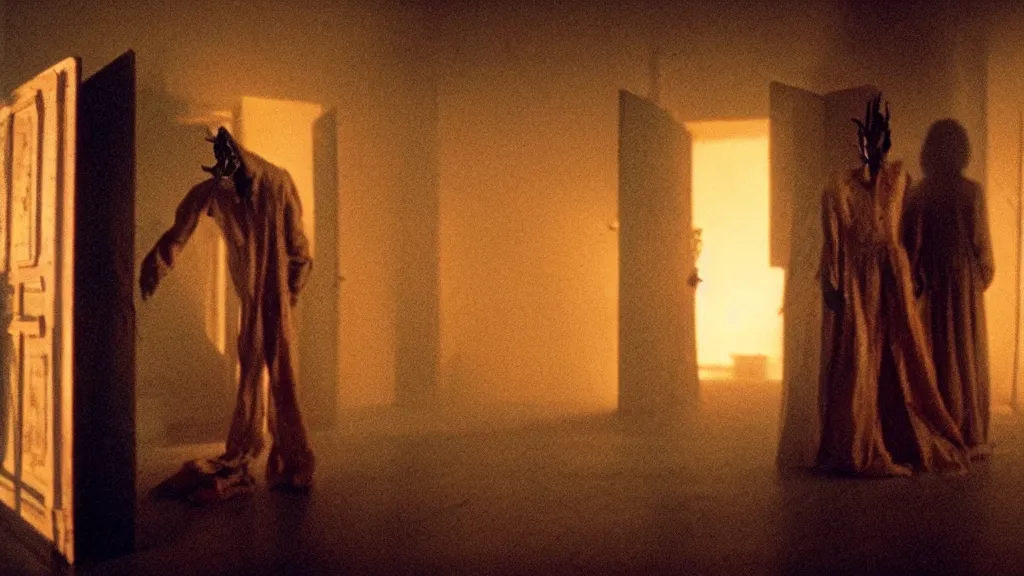 Prompt: the strange creature in the closet, made of fire and wax, film still from the movie directed by Denis Villeneuve with art direction by Salvador Dalí, wide lens