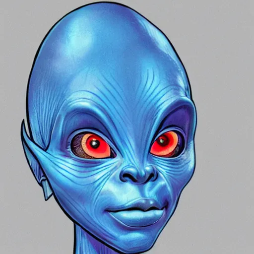 Prompt: portrait of a gorgeous female blue alien, sharp, detailed, in the style of Moebius