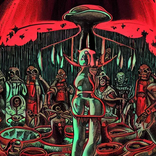 Image similar to cultist ritual in a crowded alien temple, dark vintage sci fi, illustration