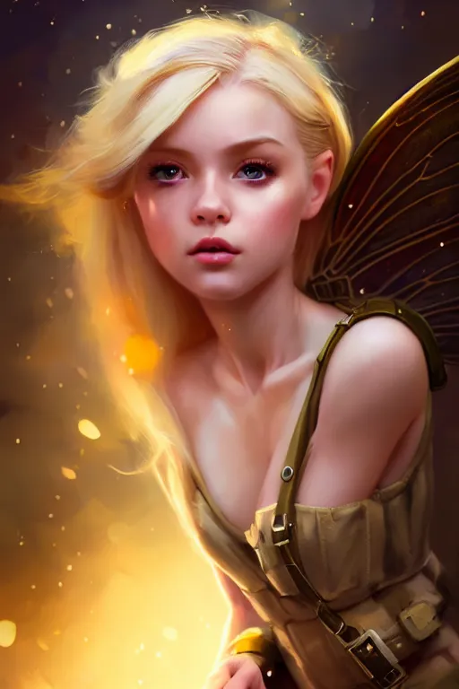 Image similar to cinematic shot of an epic portrait of a cute blonde fairy dressed in military clothes, stylised military clothes, shiny skin, beautiful eyes, beautiful, small details, night setting, realistic poster with volumetric light from craig mallism, artgerm, jeremy lipkin and michael garmash, unreal engine, radiant light, digital art, trends at art station, a masterpiece