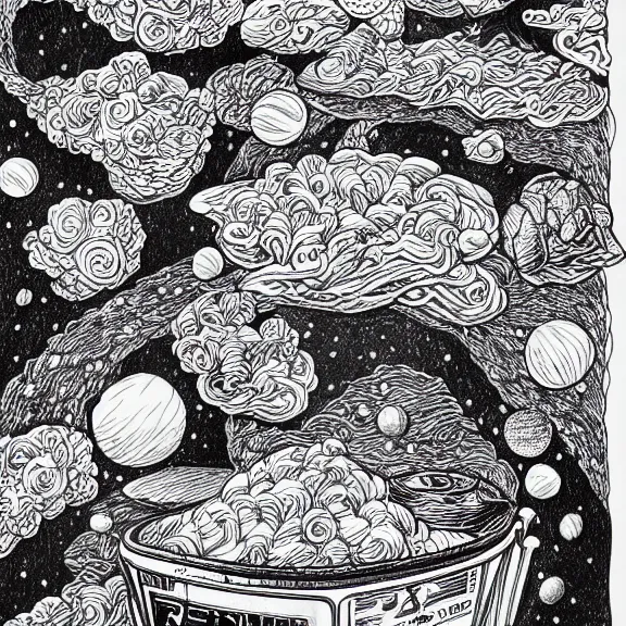 Image similar to a ramen foodcart on an asteroid at the end of the universe, cosmic and colorful pen drawing, deep colors