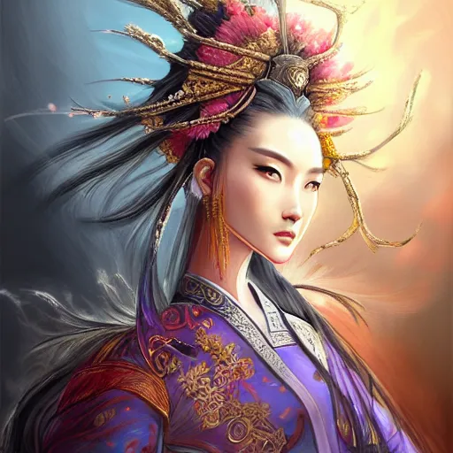 Image similar to beautiful ancient fantasy portrait of wuxia armor heroine, wearing Xian Xia wardrobe, in forbidden City, hybrid from Dynasty Warriror, flowers sea rainning everywhere, intricate, very very beautiful, elegant, highly detailed, digital painting, beautiful glowing galaxy eyes, human anatomy, hyperrealistic, soft light, dynamic, artbreeder, artstation, fantasy concept art, smooth, sharp focus, illustration, art by alphonse mucha and tian zi and WLOP