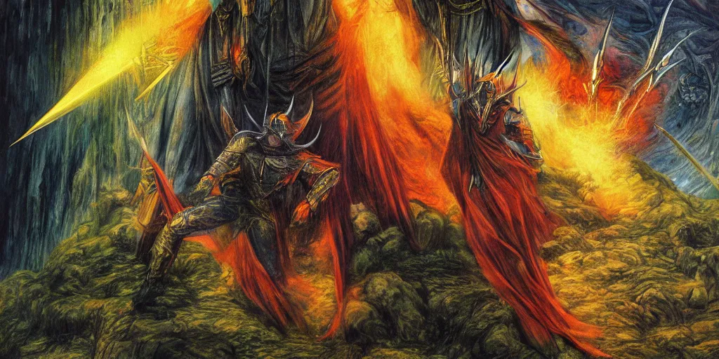 Prompt: illustration of Sauron fighting Saruman, the lord of the rings, by Alan Lee, colorful, vibrant colors, trending at artstation, bokeh