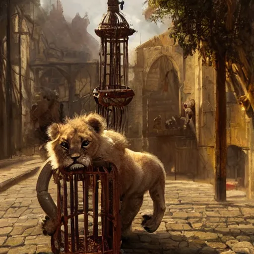 Prompt: cute lion cub with a scorpion tail in a cage on a medieval fantasy market, oil painting, by greg rutkowski