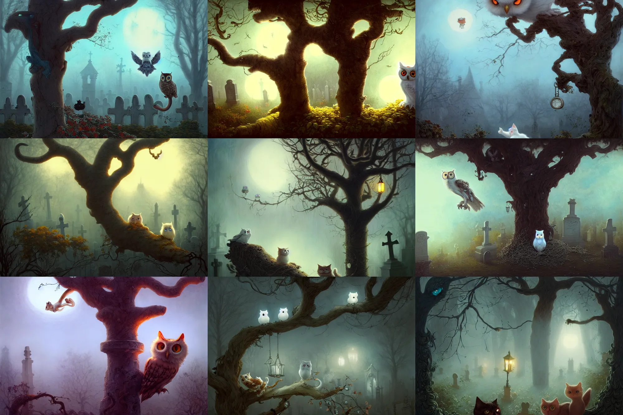 Prompt: casper the friendly ghost flying over a graveyard at midnight, chasing one cat, one interesting owl in a tree, cinestill, painted by james jean and gaston bussiere, very detailed and cute and cozy and transparent, backlight, fog, mist, trending on artstation