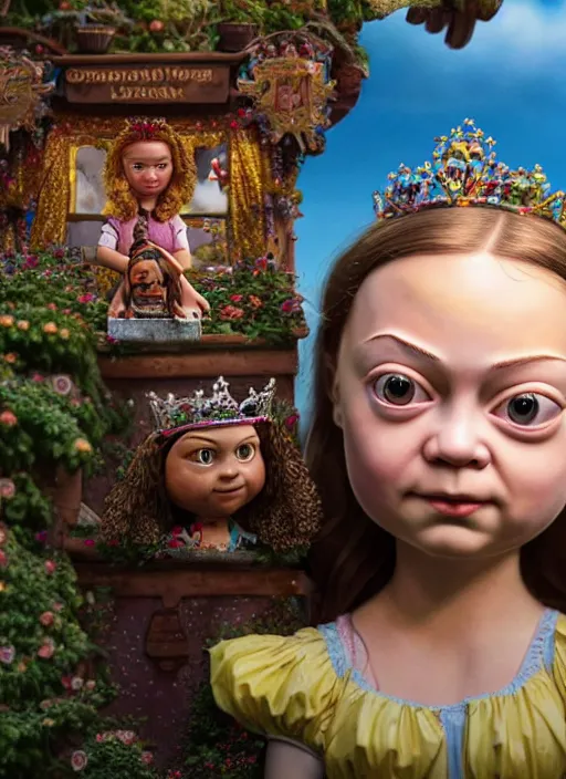 Image similar to highly detailed closeup, face profile portrait of greta thunberg as a tin toy fairytale princess wearing a crown eating cakes, bikini, unreal engine, nicoletta ceccoli, mark ryden, earl norem, lostfish, global illumination, detailed and intricate environment