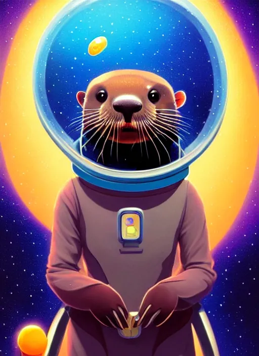 Image similar to a portrait of a cute otter with a space helmet, swimming through a beautiful galaxy!!!, detailed, artstation, art by miyazaki and rhads