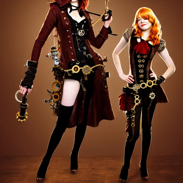 Image similar to full body photograph of emma stone as a steampunk pirate. Extremely detailed. 8k