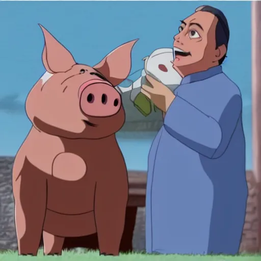 Image similar to viktor orban as a pig in a studio ghibli movie, screenshot