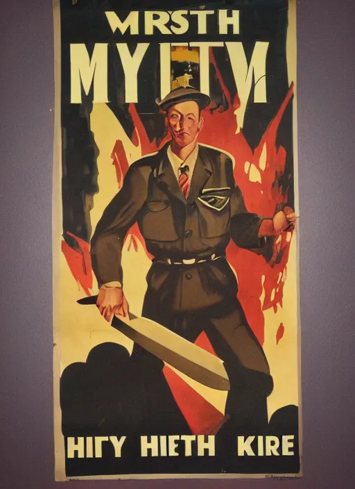 Prompt: mystery man with knife 1940s propaganda poster, full hd,highly detailed