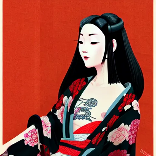 Image similar to an android geisha in a lotus position wearing a flowing kimono and tattoos, artwork by ilya kuvshinov