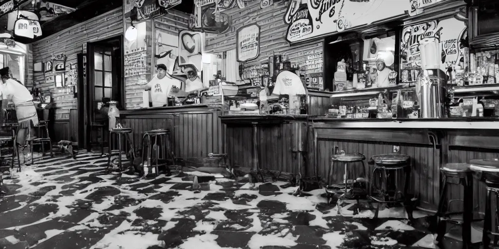 Image similar to inside an old fashioned ice cream parlor. a leaking case of melting ice cream cases is behind the bar. the leak has made a puddle on the floor, and the puddle is reminiscent to the shape of werewolf fangs. there is an eerie voluminous blue electric glow.