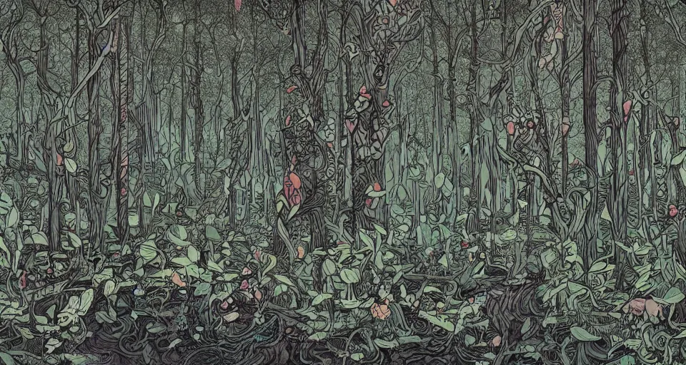 Image similar to A dense and dark enchanted forest with a swamp, by James Jean