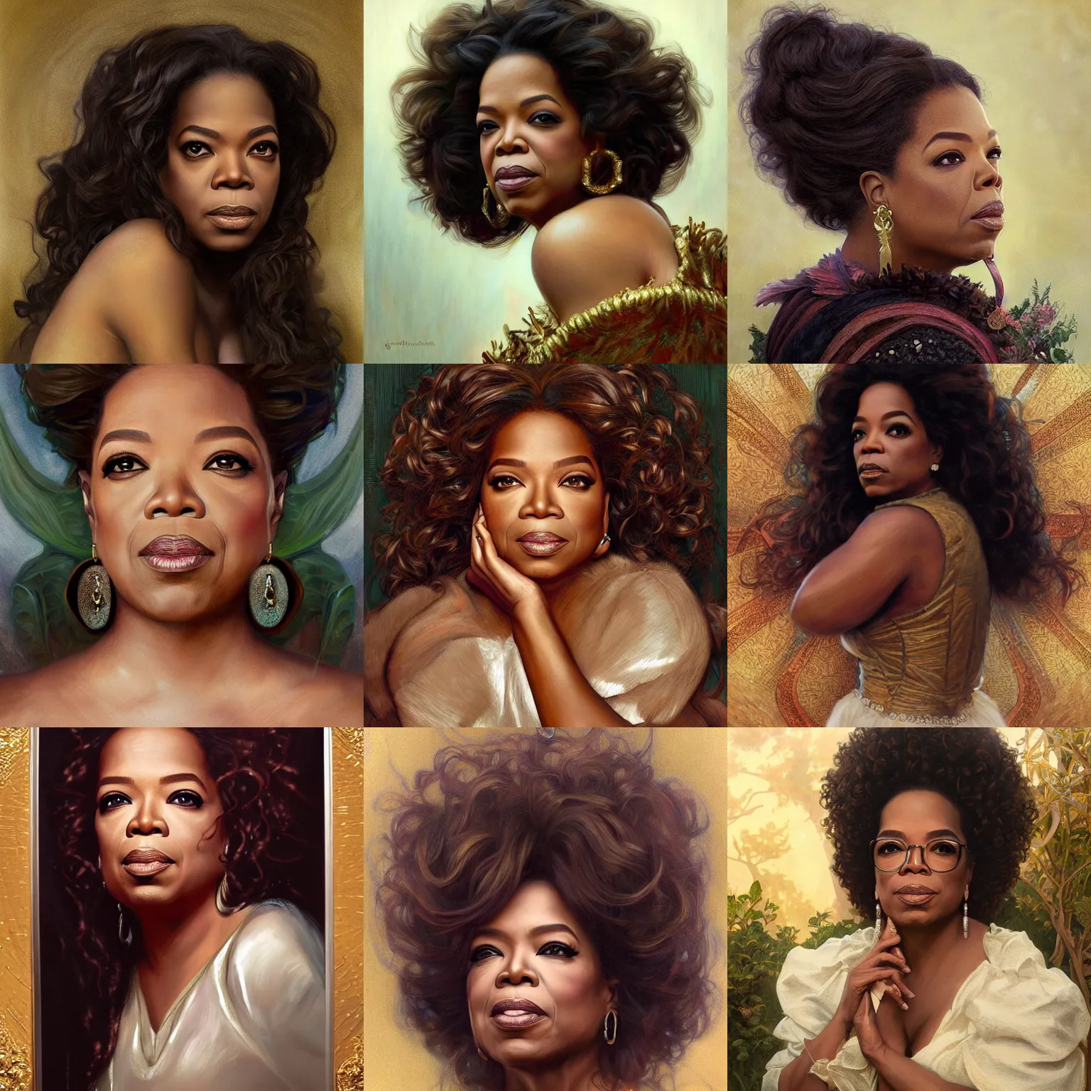 Prompt: Portrait of Oprah, unreal, fantasy, intricate, elegant, dramatic, highly detailed, photorealistic, digital painting, painterly, artstation, concept art, smooth, sharp focus, art by John Collier and Krenz Cushart and Artem Demura and Alphonse Mucha and Albert Aublet