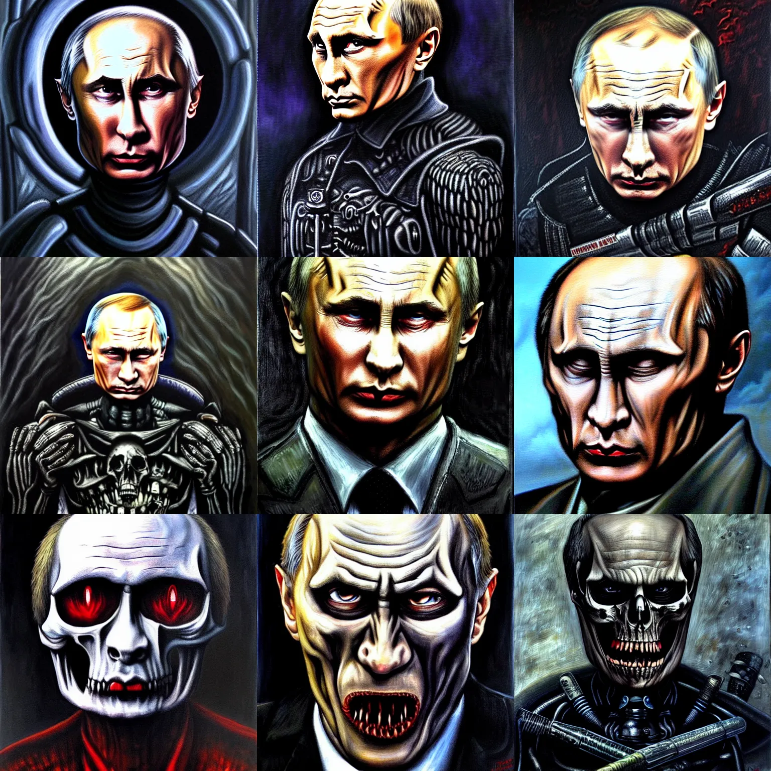 Prompt: angry vladimir putin as death dark fantasy. detailed painting by h giger