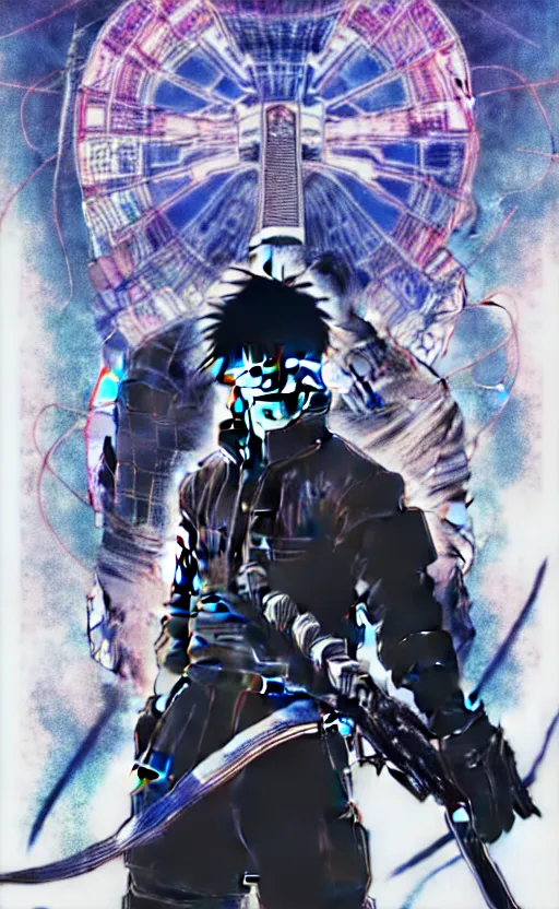 Image similar to an intricate detailed main cover of the manga, a strong male anime hero with two magical swords, in neo tokyo cyberpunk city with spirit sight, by Katsuhiro Otomo + Sui Ishida, in the anime Ghost In the Shell, trending on artstation + clean lines + lineart +clean edges