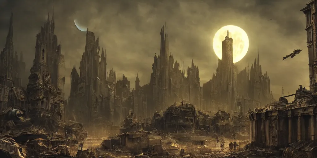 Image similar to a cinematic movie scene, 2 0 0 mm wide shot, a post - apocalyptic city with monuments, a dark yellow moon, bustling with people and flying cars, gothic environment, detailed illustration, sharp focus, concept art, unreal engine, octane render, god rays h 7 6 8