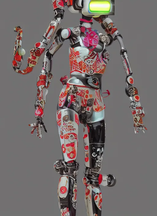 Prompt: full body photo of a punk geisha robot with kanji tattoos and decals wearing a digital pixelated kimono, intricate design, photo - realistic, octane render, ultra fine detailed, character design, trending on artstation