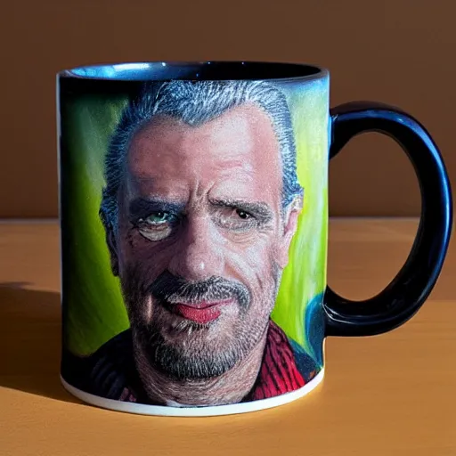 Image similar to a mug of an ugly mug on a mug, photorealistic,