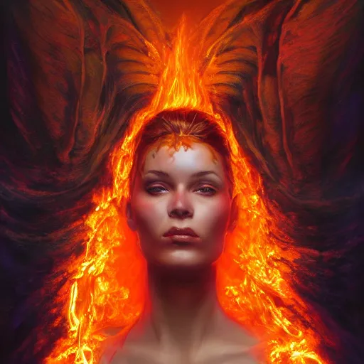 Image similar to A stunning portrait of a goddess, her body made of flames, by Jim Burns, 8K UHD, fantasy, Trending on artstation.