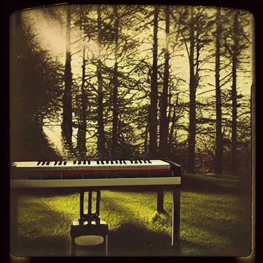 Image similar to a Polaroid photo of a transparent perspex piano in a field, beams of light, nostalgic