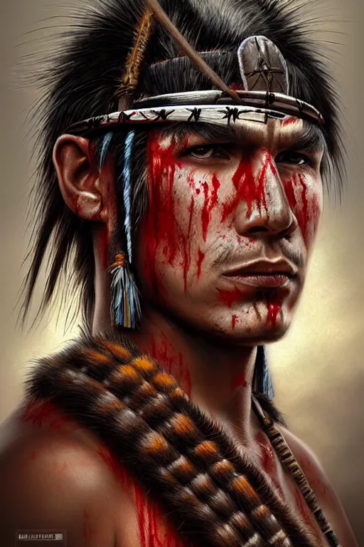 Prompt: head and shoulders portrait of a tupi guarani warrior, male, blood, indigenous war face painting, high fantasy, dnd, by wlop, luis royo, artgerm