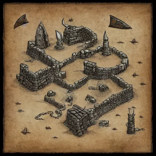 Image similar to an illustrated fantasy map of a small outpost. sand desert. junkyard. d & d. clear design. minimal.