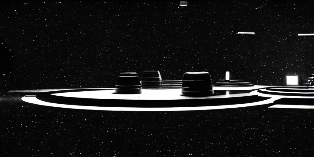 Prompt: low angle shot of a space harbour at night, set design by Fritz Lang, in the style of Jim Jarmusch, shot on film, grainy, hyperrealistic