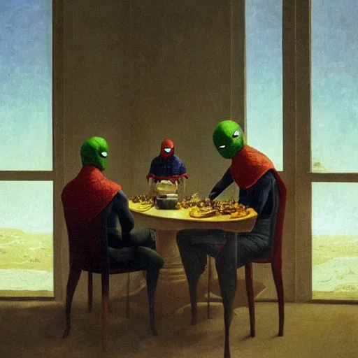 Image similar to Mysterio, Spider-Man, eating dinner, artwork by Franz Sedlacek,