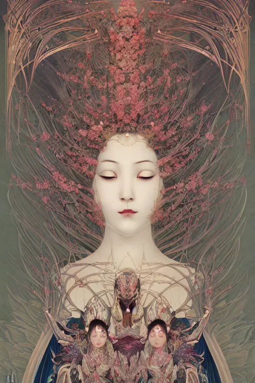 Prompt: portrait breathtaking detailed concept art painting art deco pattern of birds goddesses amalmation flowers head thibetan temple, by hsiao ron cheng, tetsuya ichida, bizarre compositions, tsutomu nihei, exquisite detail, extremely moody lighting, 8 k, art nouveau, old chines painting, art nouveau