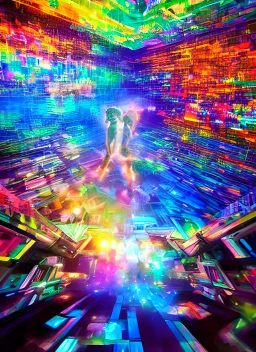 Prompt: cinematic shot cyberspace of creativity, large floating holographic moving images, hyper realistic, mood lighting, fantasy, detailed happy people creating colorful diverse art, highly detailed, super realistic, perfect lighting pixel sorting, style sheet