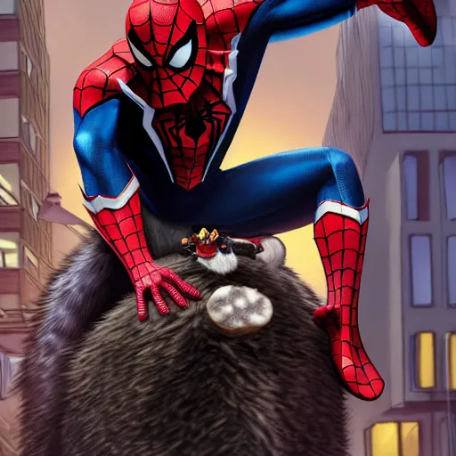 Image similar to spider - man sit on the raccoon and eating donuts, concept art, trending on artstation, highly detailed, intricate, sharp focus, digital art, 8 k