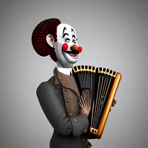 Image similar to a peculiar man with an accordion where his neck should be, clown face, steampunk, 4K Unreal Engine render