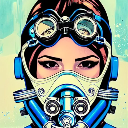 Image similar to portrait of a female diver with a oxygen mask intricate details mask by MARVEL comics and Sandra Chevrier