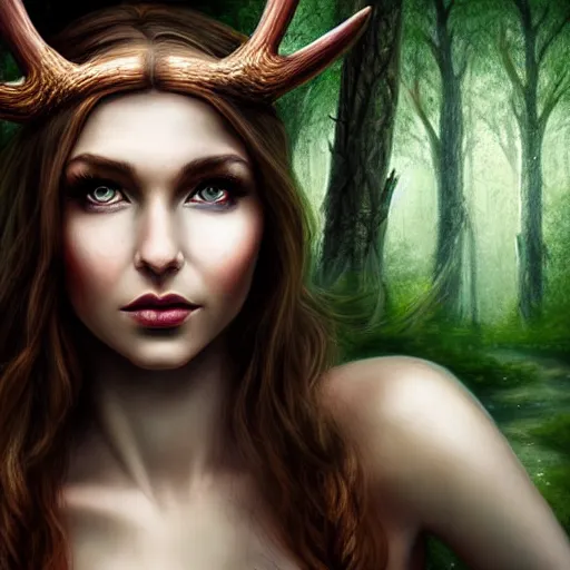 Image similar to elf woman that has antlers, forest in background, matte oil painting, dnd art, fantasy, stunning, beautiful, feral, clear, crisp, sharp, award - winning, portrait, extremely detailed