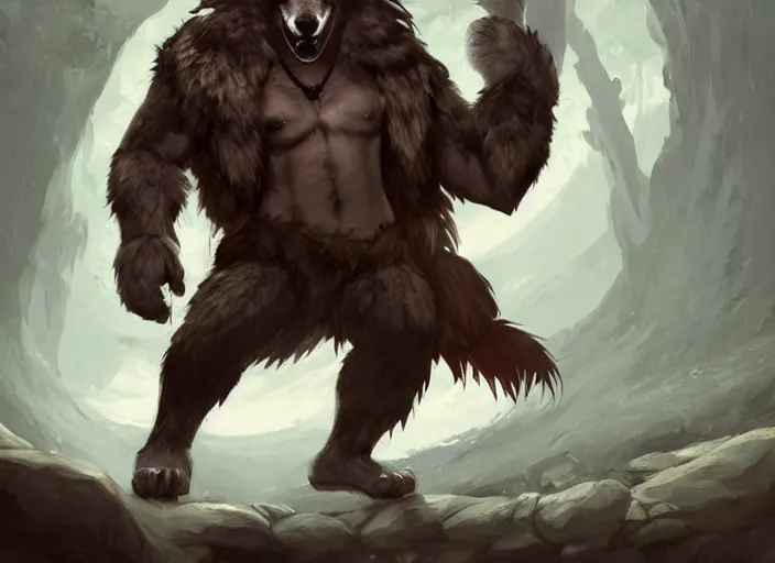 Image similar to burly tough character feature portrait of the anthro male anthropomorphic wolf fursona animal person wearing tribal primitive caveman loincloth outfit full wolf fur body standing in the entrance to the cave, perfect framed character design stylized by charlie bowater, ross tran, artgerm, makoto shinkai, detailed, soft lighting, rendered in octane masterpiece