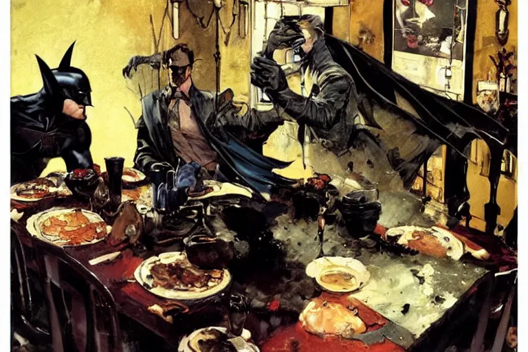 Image similar to batman eats messily in a dining room much to the displeasure of his wife, painted by phil hale and rick berry and dean cornwell and norman rockwell and jeremy mann