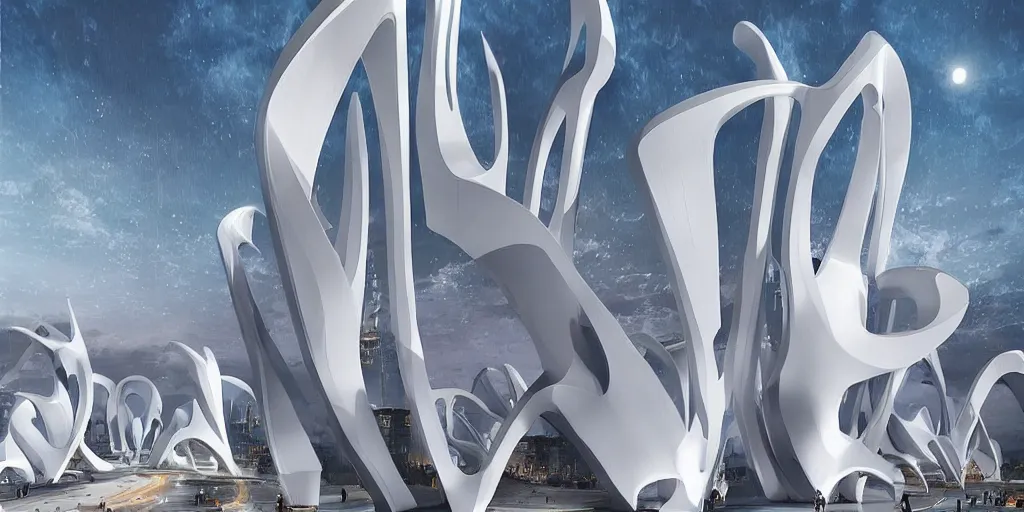 Image similar to fantasy city with moon by zaha Hadid with crowded street trending on artsation