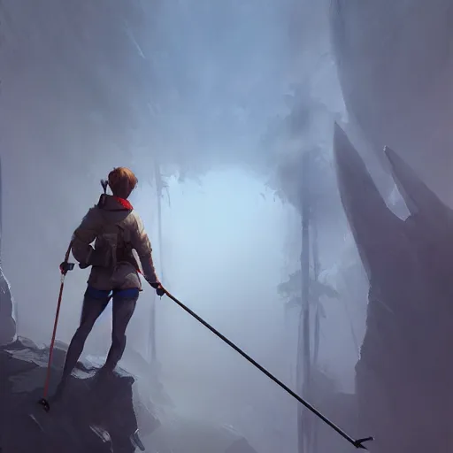 Image similar to trekking pole in a museum, 4 k,, concept art, by wlop, ilya kuvshinov, artgerm, krenz cushart, greg rutkowski, pixiv. cinematic dramatic atmosphere, sharp focus, volumetric lighting, cinematic lighting, studio quality