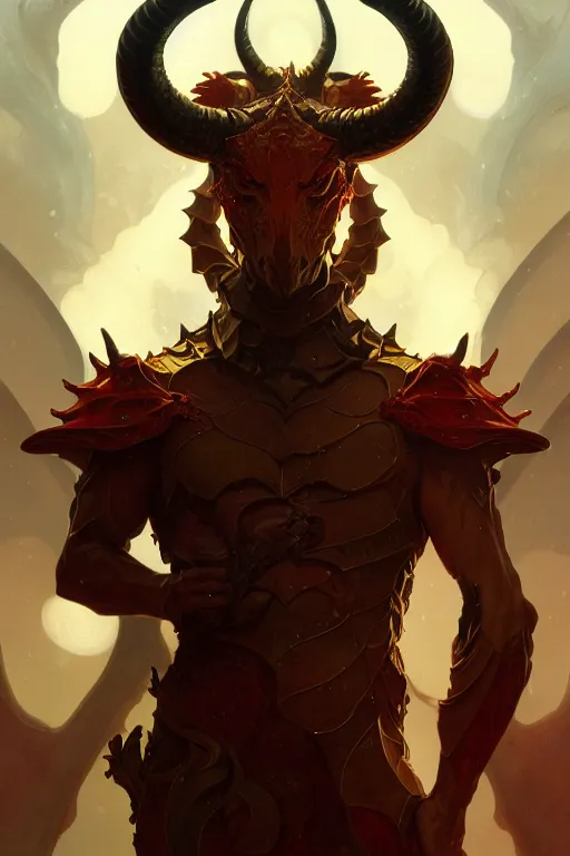 Image similar to full figure beautiful young fit antrophomorphic male dragon, great horns, armored, luminous scene, by greg rutkowski and alphonse mucha, d & d character, gradient yellow to red, in hell, highly detailed portrait, digital painting, artstation, concept art, smooth, sharp focus illustration, artstation hq