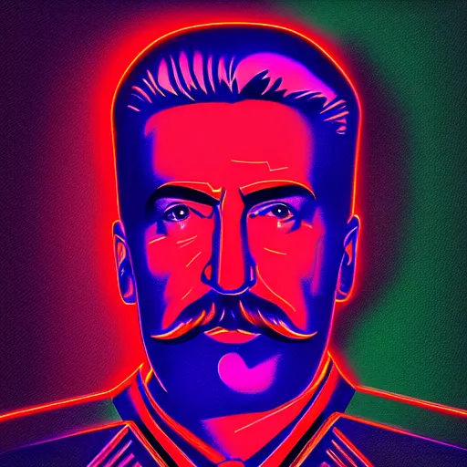 Prompt: cyberpunk neon portrait of Joseph Stalin, digital art, trending on Artstation