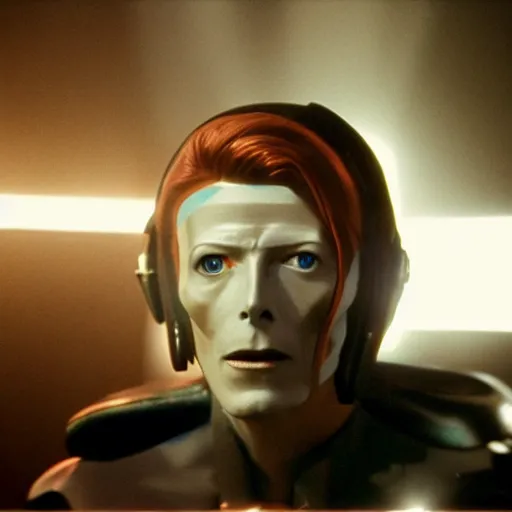 Image similar to movie still of cyborg david bowie, cinematic composition, cinematic light, criterion collection, by edgar wright