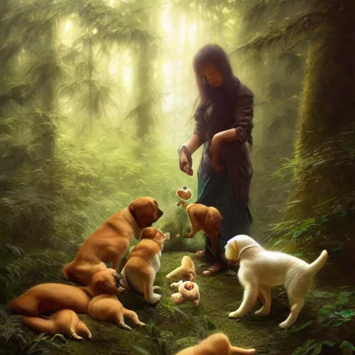 Prompt: photo of a humanoid hiena feeds puppies in the forest, highly detailed, digital painting, artstation, smooth, sharp focus, illustration, art by artgerm and greg rutkowski and alphonse mucha