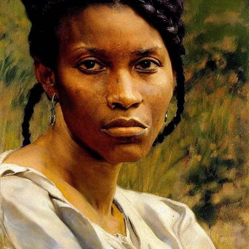 Prompt: A stunning masterful portrait of a confident Yoruba woman with braided hair and a scar on her cheek by Andrew Wyeth, John Singer Sargent, and Norman Rockwell, natural light, oil painting, ethereal, Tarkovsky color palette, strong brushwork