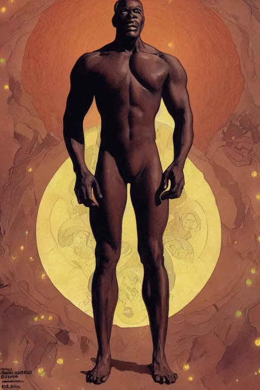 Image similar to portrait of giant african man with a muscular neck wearing a scifi dune stillsuit, nebula in the background, illustration by normal rockwell and alphonse mucha, artstation character concept art