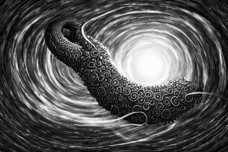 Prompt: a giant lovecraftian tentacle creature gripping a black hole, digital art, photorealistic, highly detailed, intricate