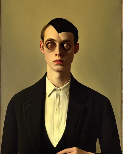 Image similar to portrait of young man wearing black medical mask, suit and tie, style of james c. christensen