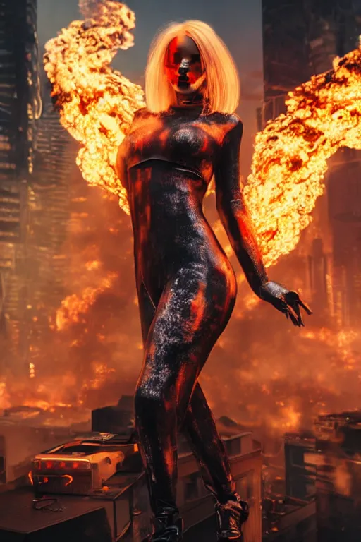 Image similar to beautiful blonde woman with her body completely covered in flames, cyberpunk, behind her a city during the end of the world, realistic, high definition, many details, symmetrical face, realistic eyes, art of unreal engine 5