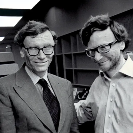 Prompt: Isaac Asimov in space with bill gates, old photograph, 1978
