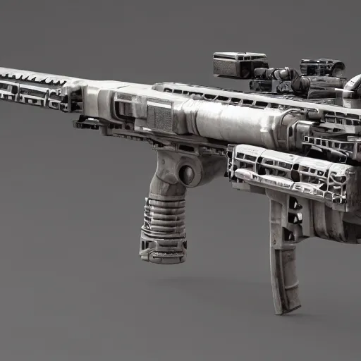 Image similar to extremely detailed side view of a sci fi rifle, chemically propelled, railgun, bullpup, with tubes and wiring, ultra quality, realistic, octane render